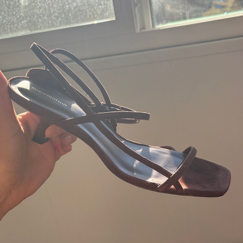 Reformation serenity bare Chocolate Brown Suede Strappy Sandals